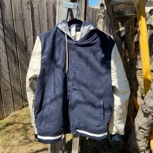 Aeropostale Navy and White Hooded Varsity Jacket